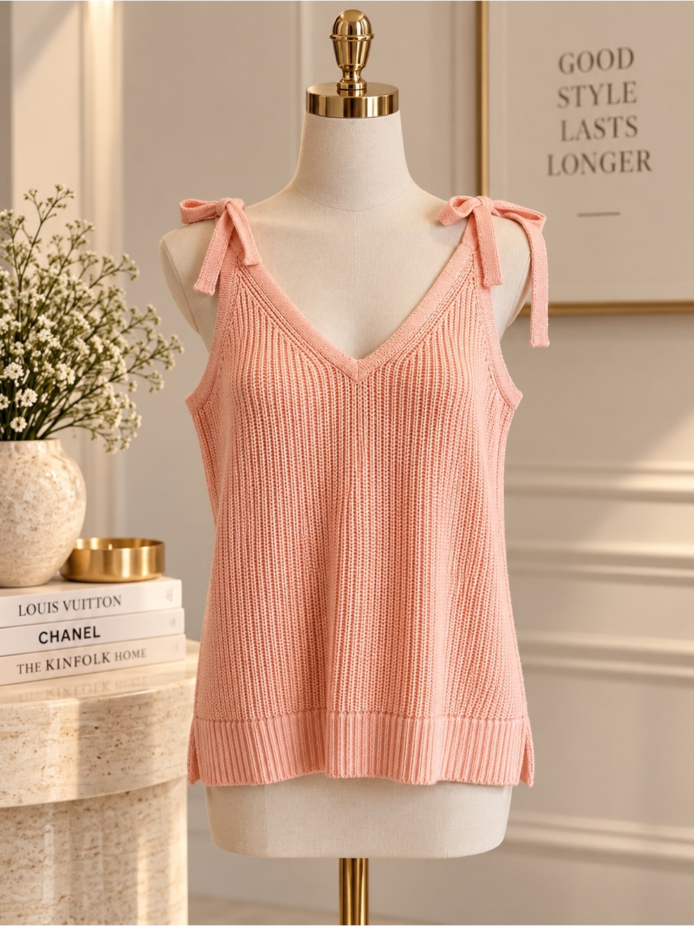 Knit Tie-Shoulder V-Neck Tank Top - Salmon/Pink